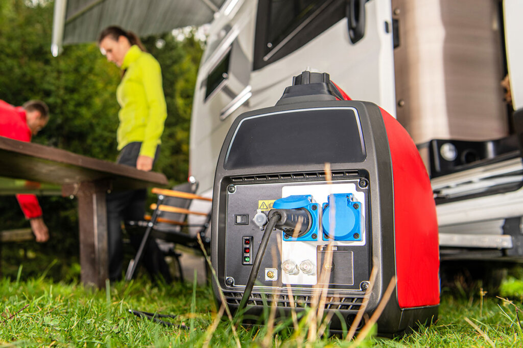 En man använder en invertergenerator framför en husbil